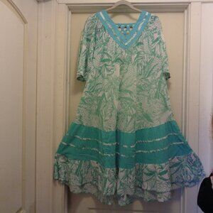 TROPICAL BLISS ULTIMATE TEAL & WHITE WOMAN WITHIN MU MU TIERED DRESS.L
